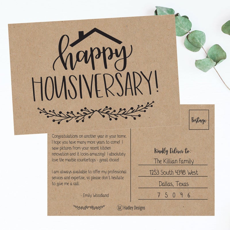 Hadley Designs 25 Kraft Happy Home Anniversary Realtor Cards, Blank Greeting House Postcards, Bulk Real Estate Thank You Notes, Welcome Home Realtor Gifts Stationery, New Realtor Gifts for Clients - Image 2